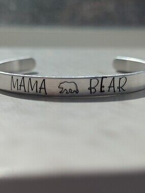 NWT "Mama Bear" Ribbon Hand-Stamped Aluminum Cuff Bracelet. Perfect Gift For Mom